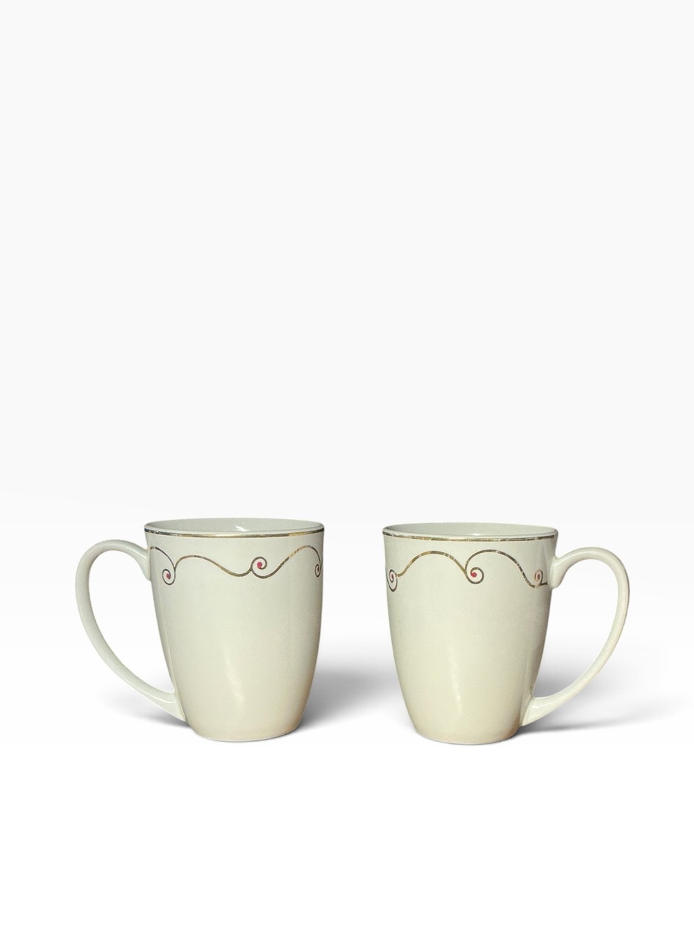 Pier 1 Holiday Scroll Mugs Set Of 2 Porcelain Cream Gold Red 12 Oz